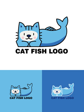 蓝色小猫卡通LOGO猫鱼标志