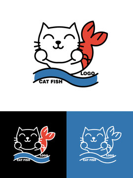 两只手放在脸上的猫卡通LOGO猫鱼标志