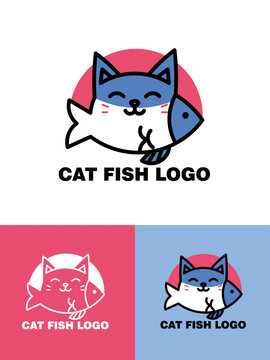 小猫吃鱼猫卡通LOGO猫鱼标志