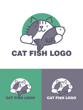 鱼店餐饮猫卡通LOGO猫鱼标志