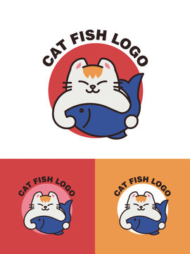 招财进宝猫卡通LOGO猫鱼标志