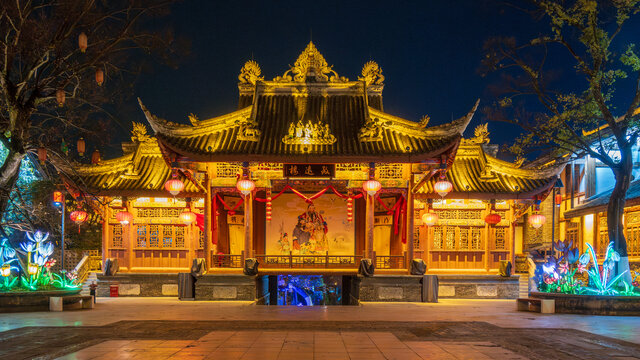 古戏台夜景璀璨中式韵味