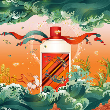 敦煌飞天酱香白酒包装插画
