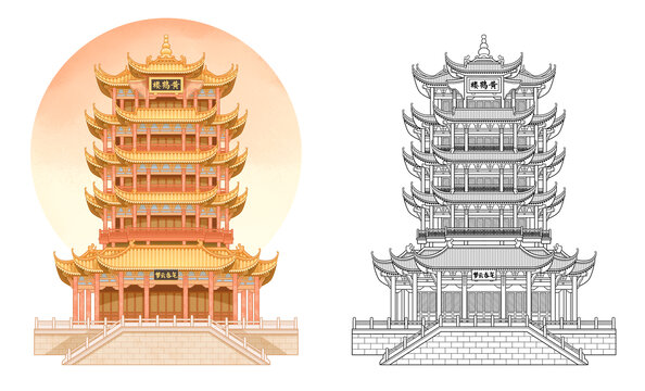 武汉地标古建筑黄鹤楼插画线描