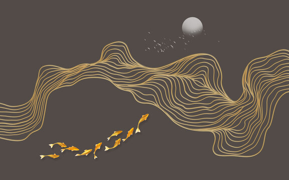 金色线条山水画