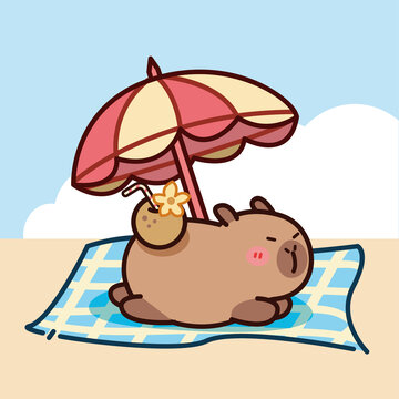 卡通夏日海滩卡皮巴拉水豚贴纸