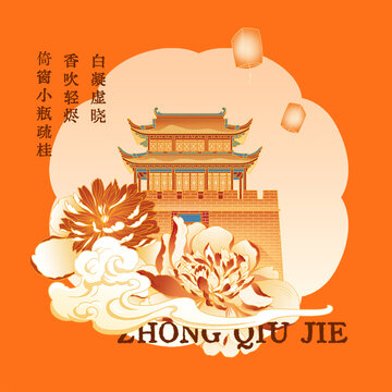 中秋古风楼阁花卉图