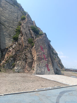 刻字山崖旁的开阔景致万卷书锦州笔架山