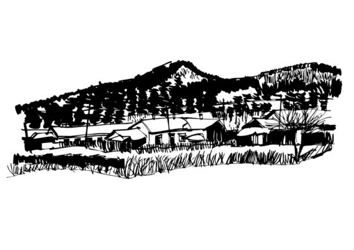 建筑手绘雪乡风雪山村矢量图
