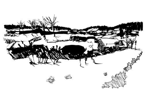 建筑手绘雪乡冬雪覆盖的良田矢量图线稿