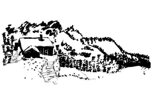 建筑手绘雪乡山边的小屋矢量图