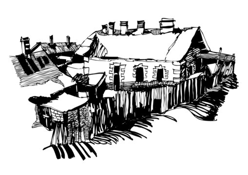 建筑手绘雪乡铁路边的黄房子矢量图线稿