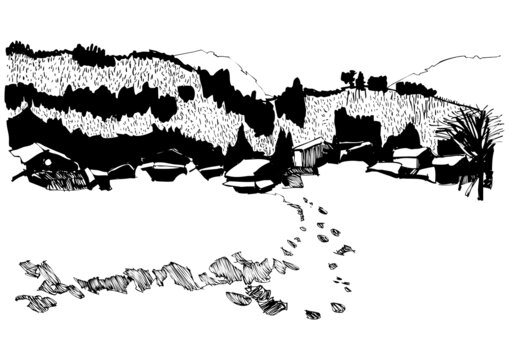 建筑手绘雪乡山坳里的村庄矢量图