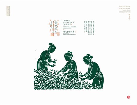 传统采茶场景剪纸艺术图