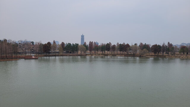湖畔风光与远处宝塔景致