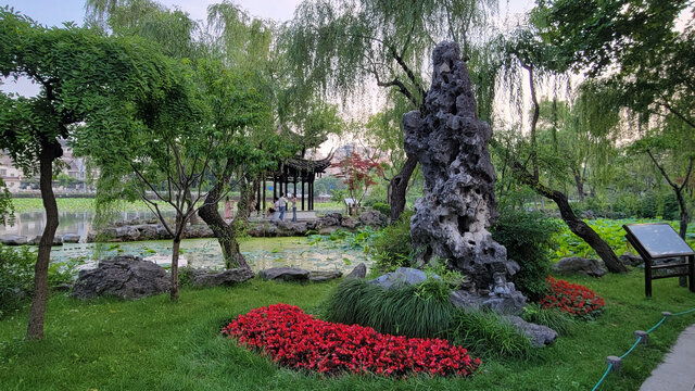 中式园林景观中的奇石花卉