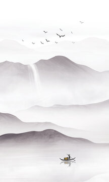 竖幅抽象水墨山水画