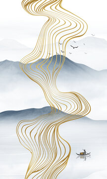 金色线条水墨山水画