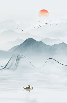 竖幅水墨山水画