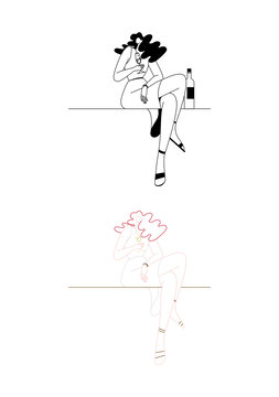 性感女人矢量线描黑白插画酒吧清吧