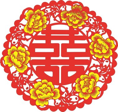 剪纸双喜配繁花图案