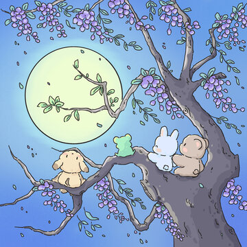 月夜下紫藤树上的小动物
