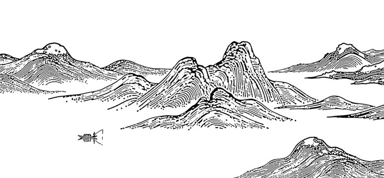 矢量意境山水烫金压纹冲孔图案