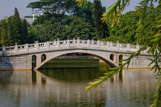 湖畔石桥与葱郁林木景致