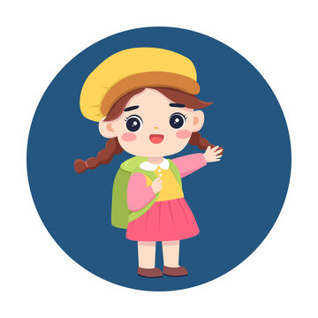 卡通挥手背书包女孩矢量插画