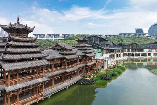 南宁民歌湖中式古建筑风光景致