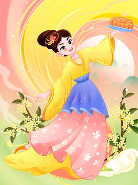 嫦娥中秋仙女月饼包装月宫美食月兔插画