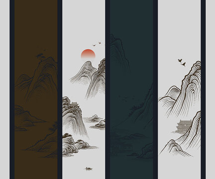 中式山水意境阁楼背景墙竖屏壁画