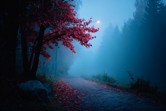 神秘的秋夜迷雾小路