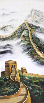 长城竖幅手绘油画高清图