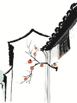 国潮插画屋檐柿子树