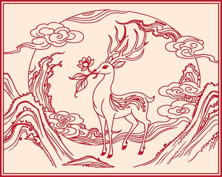 中式古风瑞鹿祥云图案