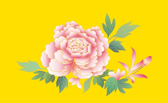 手绘黄色背景粉色牡丹花