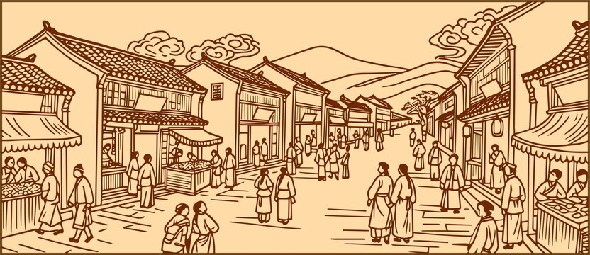 古风街道热闹市井场景
