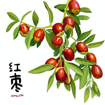 手绘红枣树一串红枣插画红枣枣子