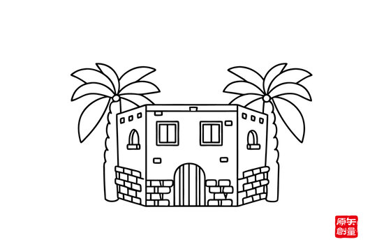 简约线条风棕榈树旁小屋