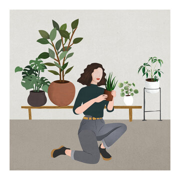 手绘植物园居家人物插画