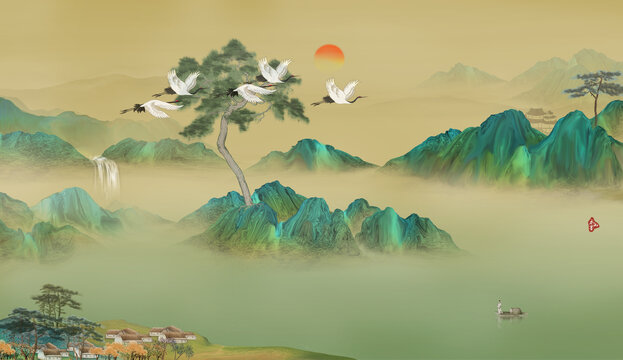 松鹤延年山水画