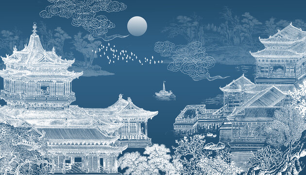 中式山水楼阁刺绣背景墙