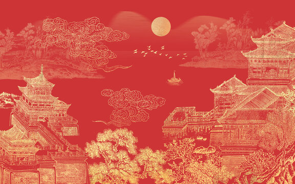 轻奢金线山水刺绣背景壁画