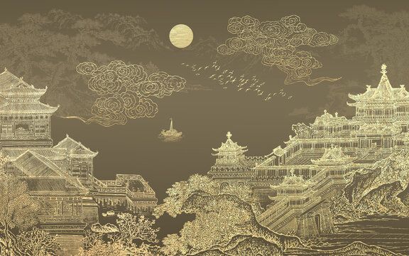 金色楼阁山水画刺绣背景墙