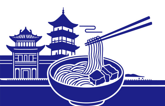中式建筑与美味面条图景