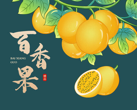 手绘黄金百香果插画