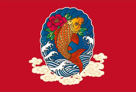 锦鲤牡丹海浪中式图案