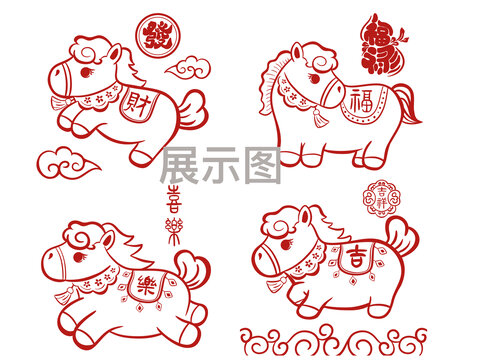卡通马年国风马线条简笔画