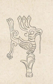 三星堆青铜神树枝头立鸟文物线描插画